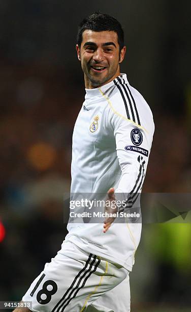 Raul Albiol of Real celebrates scoring his sides second goal during the Marseille v Real Madrid UEFA Champions League Group C match at the Stade...