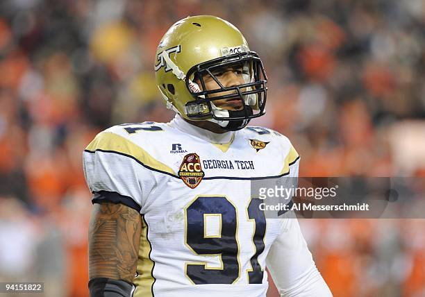 Defensive end Derrick Morgan of the Georgia Tech Yellow Jackets sets for play against the Clemson Tigers in the 2009 ACC Football Championship Game...