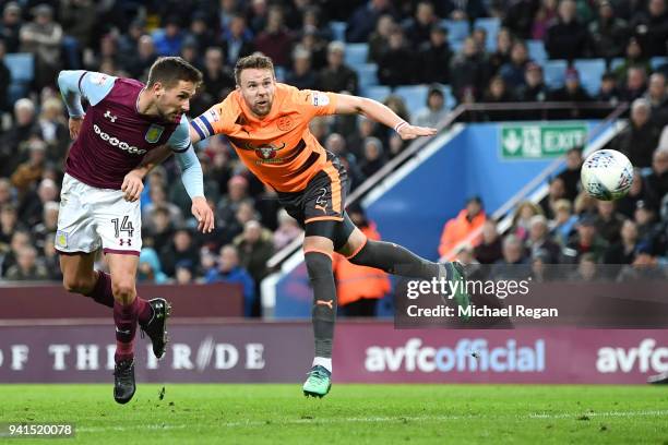 Conor Hourihane of Aston Villa scores his sides second goal while under pressure from Chris Gunter of Reading during the Sky Bet Championship match...
