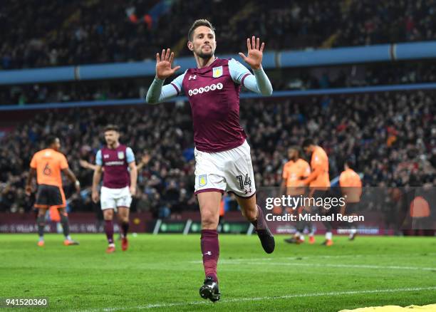 Conor Hourihane of Aston Villa celebrates after scoring his sides second goal during the Sky Bet Championship match between Aston Villa and Reading...