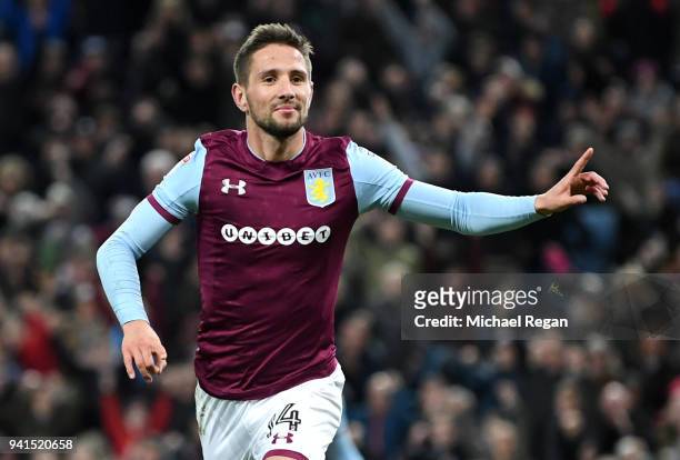 Conor Hourihane of Aston Villa celebrates after scoring his sides second goal during the Sky Bet Championship match between Aston Villa and Reading...
