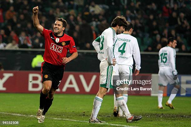 Michael OWen of Manchester celebrates after scoring his teams second goal during the UEFA Champions League Group B match between VfL Wolfsburg and...