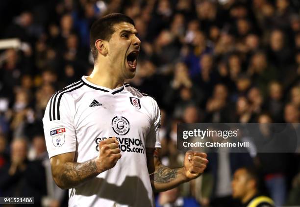 Aleksandar Mitrovic of Fulham celebrates after scoring his sides second goal during the Sky Bet Championship match between Fulham and Leeds United at...