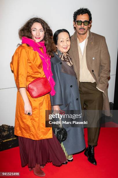 Guest, Setsuko Klossowska de Rola and Haider Ackermann attend the 'Isle of Dogs' premiere at Cinema Gaumont Capucine on April 3, 2018 in Paris,...