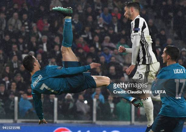 Cristiano Ronaldo of Real Madrid scores the second goal during the UEFA Champions Quarter Final Leg One match between Juventus and Real Madrid at...