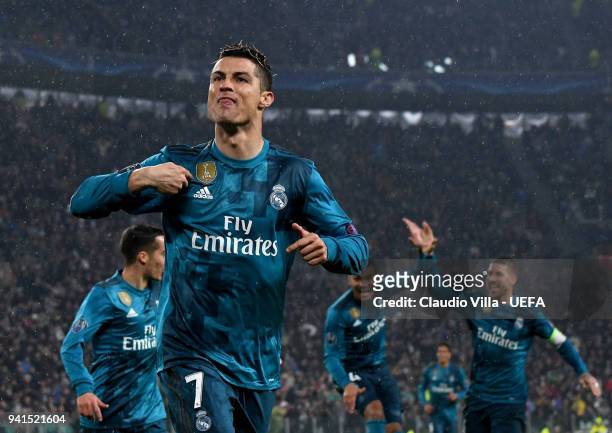 Cristiano Ronaldo of Real Madrid celebrates after scoring the second goal during the UEFA Champions Quarter Final Leg One match between Juventus and...
