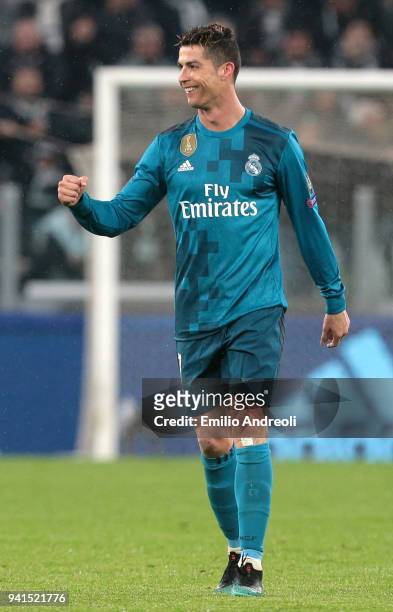 Cristiano Ronaldo of Real Madrid celebrates after scoring his sides second goal during the UEFA Champions League Quarter Final Leg One match between...
