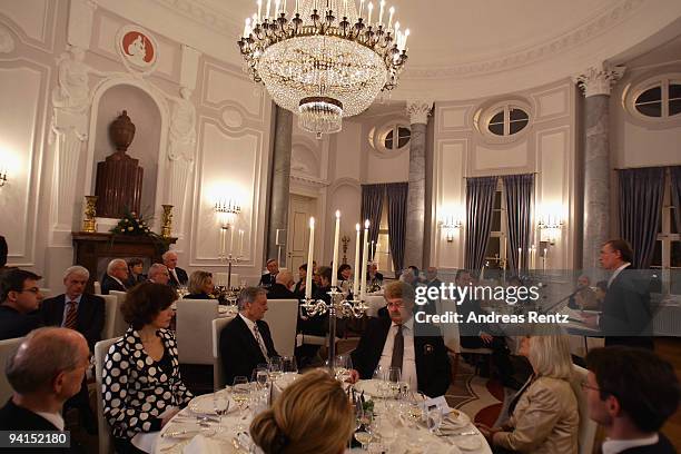 German President Horst Koehler holds a laudatio to former German Chancellor Helmut Kohl during a private dinner at Bellevue Pallace on December 8,...