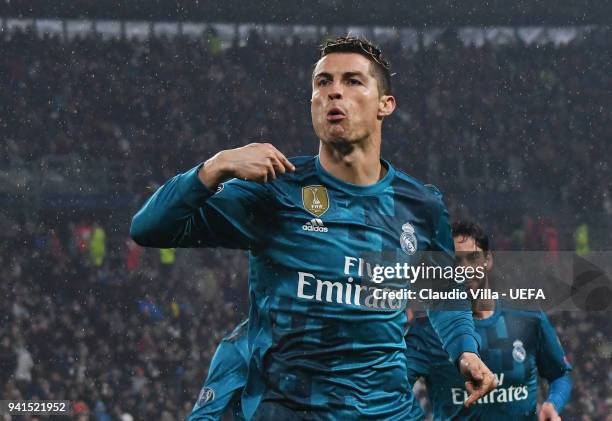 Cristiano Ronaldo of Real Madrid celebrates after scoring the second goal during the UEFA Champions Quarter Final Leg One match between Juventus and...