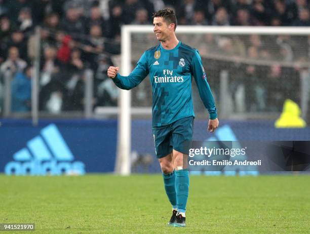 Cristiano Ronaldo of Real Madrid celebrates after scoring his sides second goal during the UEFA Champions League Quarter Final Leg One match between...