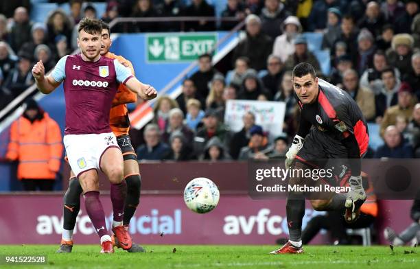 Scott Hogan of Aston Villa scores his sides third goal past Vito Mannone of Reading during the Sky Bet Championship match between Aston Villa and...