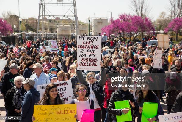 Teachers and demonstrators hold signs during a strike outside the Oklahoma State Capitol building in Oklahoma City, Oklahoma, U.S., on Tuesday, April...