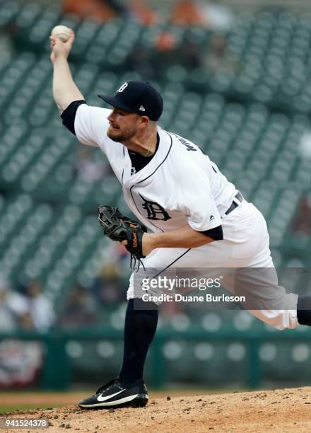 Alex Wilson of the Detroit Tigers pitches against the Kansas City Royals during the seventh inning at Comerica Park on April 3, 2018 in Detroit,...
