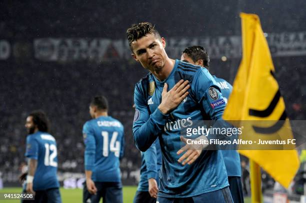 Cristiano Ronaldo thanks the supporters of Allianz Stadium after scoring the second goal during the UEFA Champions League Quarter Final Leg One match...