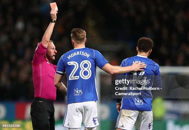 Birmingham City's Che Adams receives a red card during the Sky Bet Championship match between Bolton Wanderers and Birmingham City at Macron Stadium...