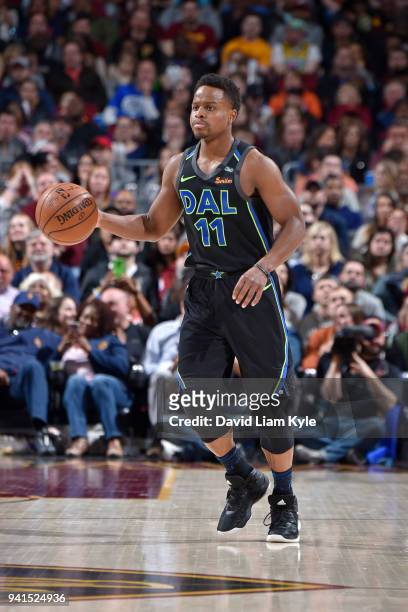 Yogi Ferrell of the Dallas Mavericks handles the ball during the game against the Cleveland Cavaliers on April 1, 2018 at Quicken Loans Arena in...