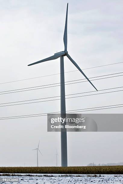 Suzlon wind turbines operate as snow falls at the Iberdrola Renewables Buffalo Ridge Wind Power Project in Elkton, South Dakota, U.S., on Monday,...