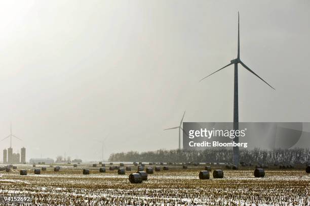 Suzlon wind turbines operate as snow falls at the Iberdrola Renewables Buffalo Ridge Wind Power Project in Elkton, South Dakota, U.S., on Monday,...