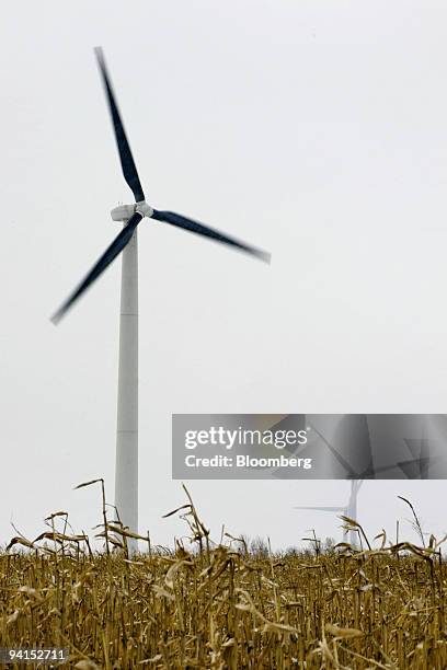 Suzlon wind turbines operate as snow falls at the Iberdrola Renewables Buffalo Ridge Wind Power Project in Elkton, South Dakota, U.S., on Monday,...