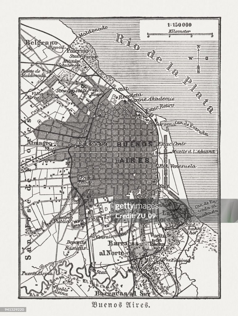 City map of Buenos Aires, Argentina, wood engraving, published 1897