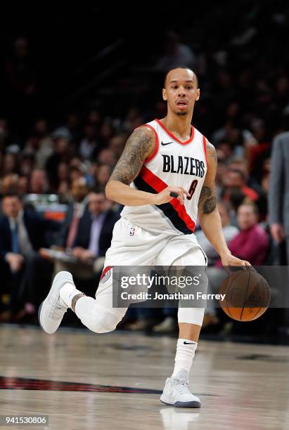 Shabazz Napier of the Portland Trail Blazers in action against the Memphis Grizzlies at Moda Center on April 1, 2018 in Portland, Oregon.NOTE TO...