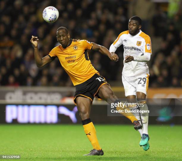 Willy Boly of Wolverhampton Wanderers heads the ball during the Sky Bet Championship match between Wolverhampton Wanderers and Hull City at Molineux...