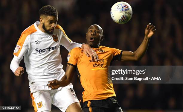 Michael Hector of Hull City and Benik Afobe of Wolverhampton Wanderers during the Sky Bet Championship match between Wolverhampton Wanderers and Hull...