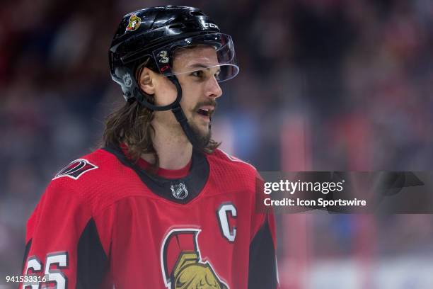 Ottawa Senators Defenceman Erik Karlsson prior to a face-off during third period National Hockey League action between the Winnipeg Jets and Ottawa...