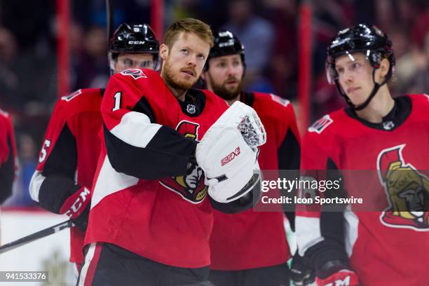 Ottawa Senators Goalie Mike Condon claps to salute the crowd after third period National Hockey League action between the Winnipeg Jets and Ottawa...