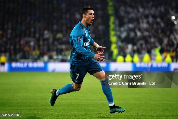 Cristiano Ronaldo of Real Madrid celebrates after scoring the opening goal during the UEFA Champions League Quarter Final, first leg match between...