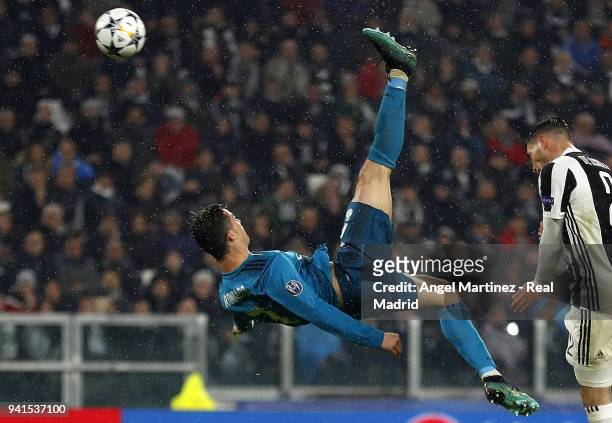 Cristiano Ronaldo of Real Madrid scores his team's second goal during the UEFA Champions League Quarter Final Leg One match between Juventus and Real...