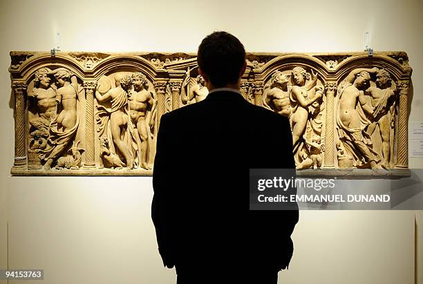 An ancient Roman marble relief panel with Dionysiac decoration, which once belonged to French writer Émile Zola, is on display at Sotheby's in New...