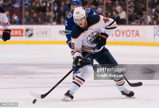 Pontus Aberg of the Edmonton Oilers skates with the puck in NHL action against the Vancouver Canucks on March 2018 at Rogers Arena in Vancouver,...