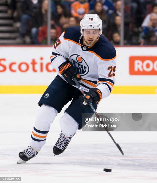 Leon Draisaitl of the Edmonton Oilers skates with the puck in NHL action against the Vancouver Canucks on March 2018 at Rogers Arena in Vancouver,...