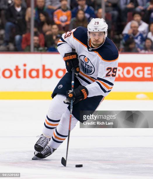 Leon Draisaitl of the Edmonton Oilers skates with the puck in NHL action against the Vancouver Canucks on March 2018 at Rogers Arena in Vancouver,...