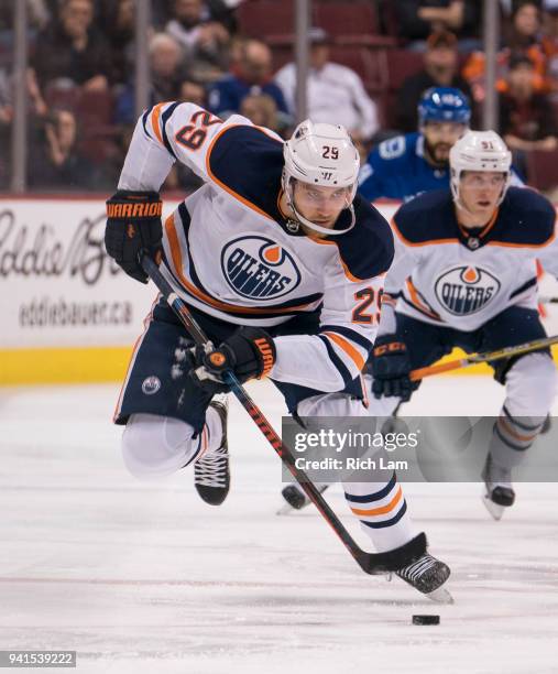 Leon Draisaitl of the Edmonton Oilers skates with the puck in NHL action against the Vancouver Canucks on March 2018 at Rogers Arena in Vancouver,...