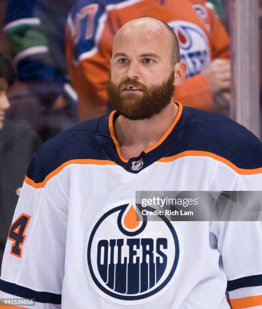 Zack Kassian of the Edmonton Oilers looks on prior to NHL action against the Vancouver Canucks on March 2018 at Rogers Arena in Vancouver, British...