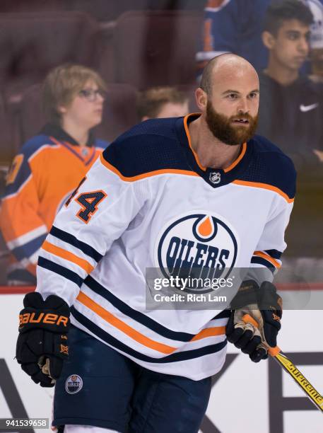 Zack Kassian of the Edmonton Oilers looks on prior to NHL action against the Vancouver Canucks on March 2018 at Rogers Arena in Vancouver, British...