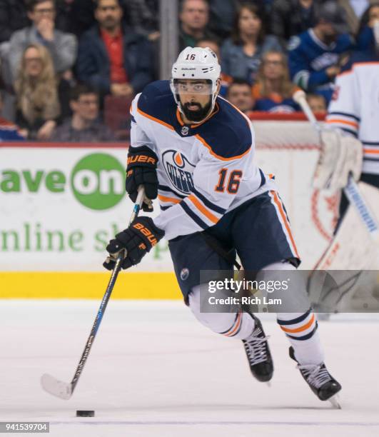 Jujhar Khaira of the Edmonton Oilers skates with the puck in NHL action against the Vancouver Canucks on March 2018 at Rogers Arena in Vancouver,...