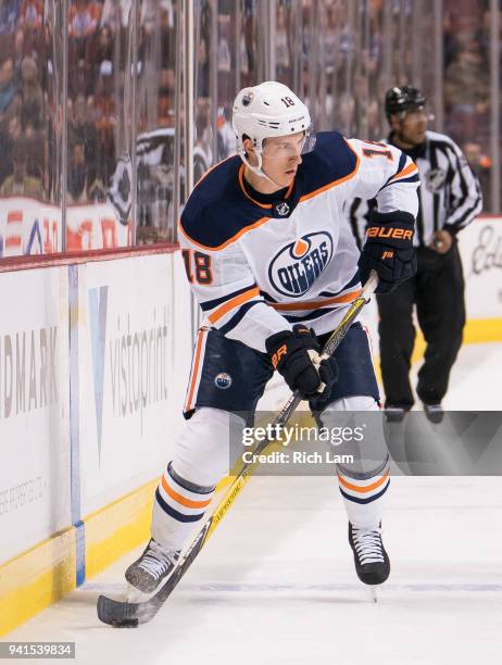 Ryan Strome of the Edmonton Oilers skates with the puck in NHL action against the Vancouver Canucks on March 2018 at Rogers Arena in Vancouver,...