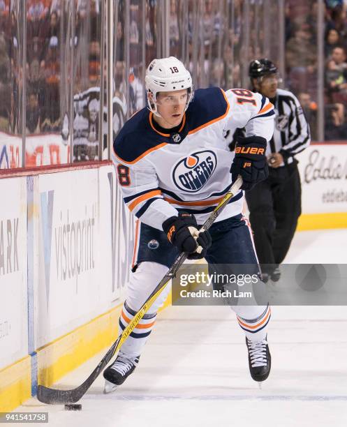 Ryan Strome of the Edmonton Oilers skates with the puck in NHL action against the Vancouver Canucks on March 2018 at Rogers Arena in Vancouver,...