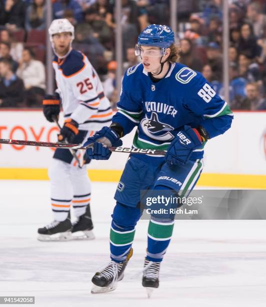 Adam Gaudette of the Vancouver Canucks skates in NHL action against the Edmonton Oilers on March 2018 at Rogers Arena in Vancouver, British Columbia,...