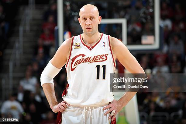 Zydrunas Ilgauskas of the Cleveland Cavaliers looks across the court during the game against the Philadelphia 76ers on November 21, 2009 at Quicken...