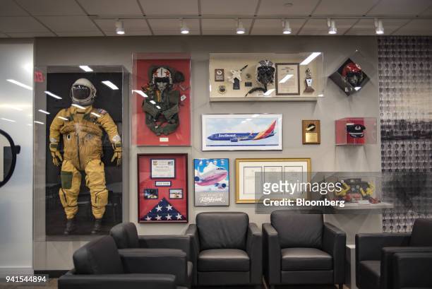 Pilot equipment sits on display during a tour of the new Leadership Education and Aircraft Development Center in the Wings building of the Southwest...