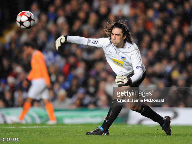 Dionissis Hiotis of APOEL Nicosia throws the ball during the UEFA Champions League Group D match between Chelsea and Apoel Nicosia at Stamford Bridge...
