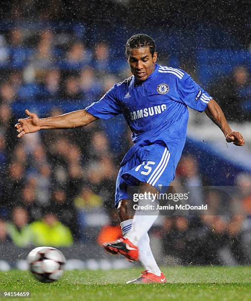 Florent Malouda of Chelsea shoots during the UEFA Champions League Group D match between Chelsea and Apoel Nicosia at Stamford Bridge on December 8,...