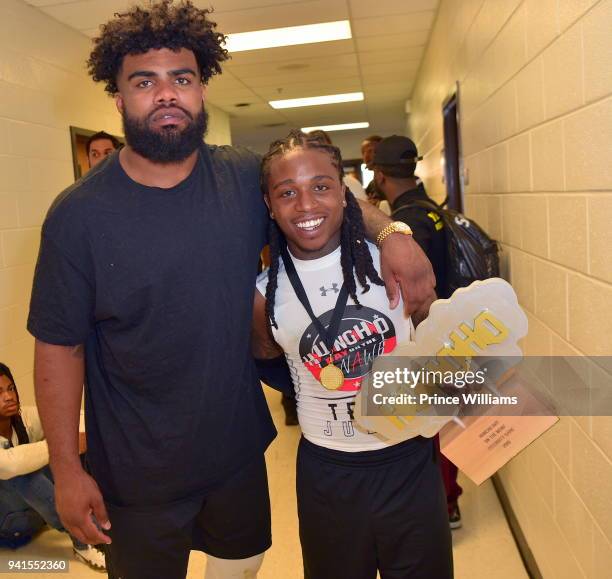 Ezekiel Elliott and Jacquees attend Huncho Day Celebrity Flag Football "Team Huncho vs Team Julio" on April 1, 2018 in Lawrenceville, Georgia.