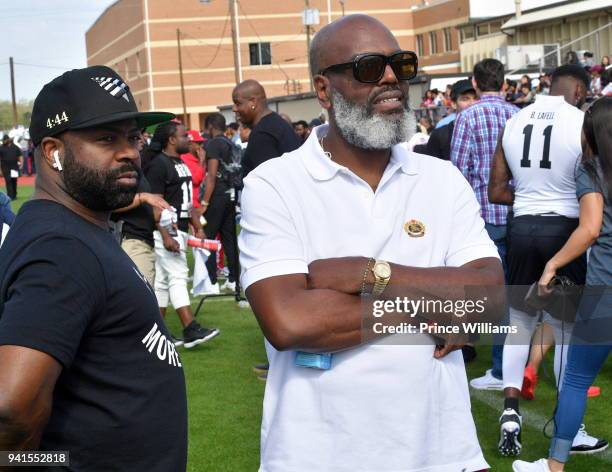 Breyon Prescott and Kevin 'Coach K' Lee attend Huncho Day Celebrity Flag Football "Team Huncho vs Team Julio" on April 1, 2018 in Lawrenceville,...