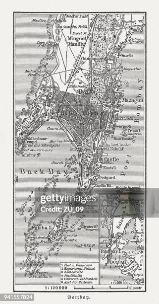 ilustraciones, imágenes clip art, dibujos animados e iconos de stock de bombay (mumbai), india, grabado en madera, publicado en 1897 - bombay map