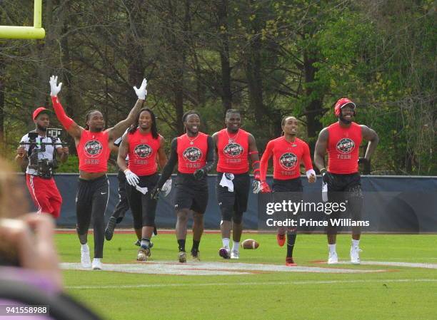 Todd Gurley, Alvin Kamara, Quavo and Von Miller attend Huncho Day Celebrity Flag Football "Team Huncho vs Team Julio" on April 1, 2018 in...